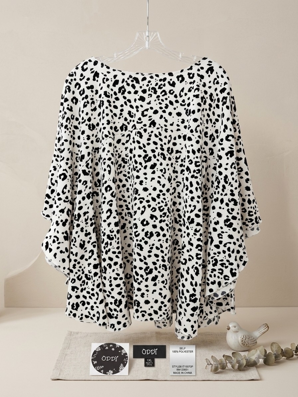 ODDI Sand Beige & Black Leopard Print Flowy Poncho Animal Print Drape Blouse 1XL